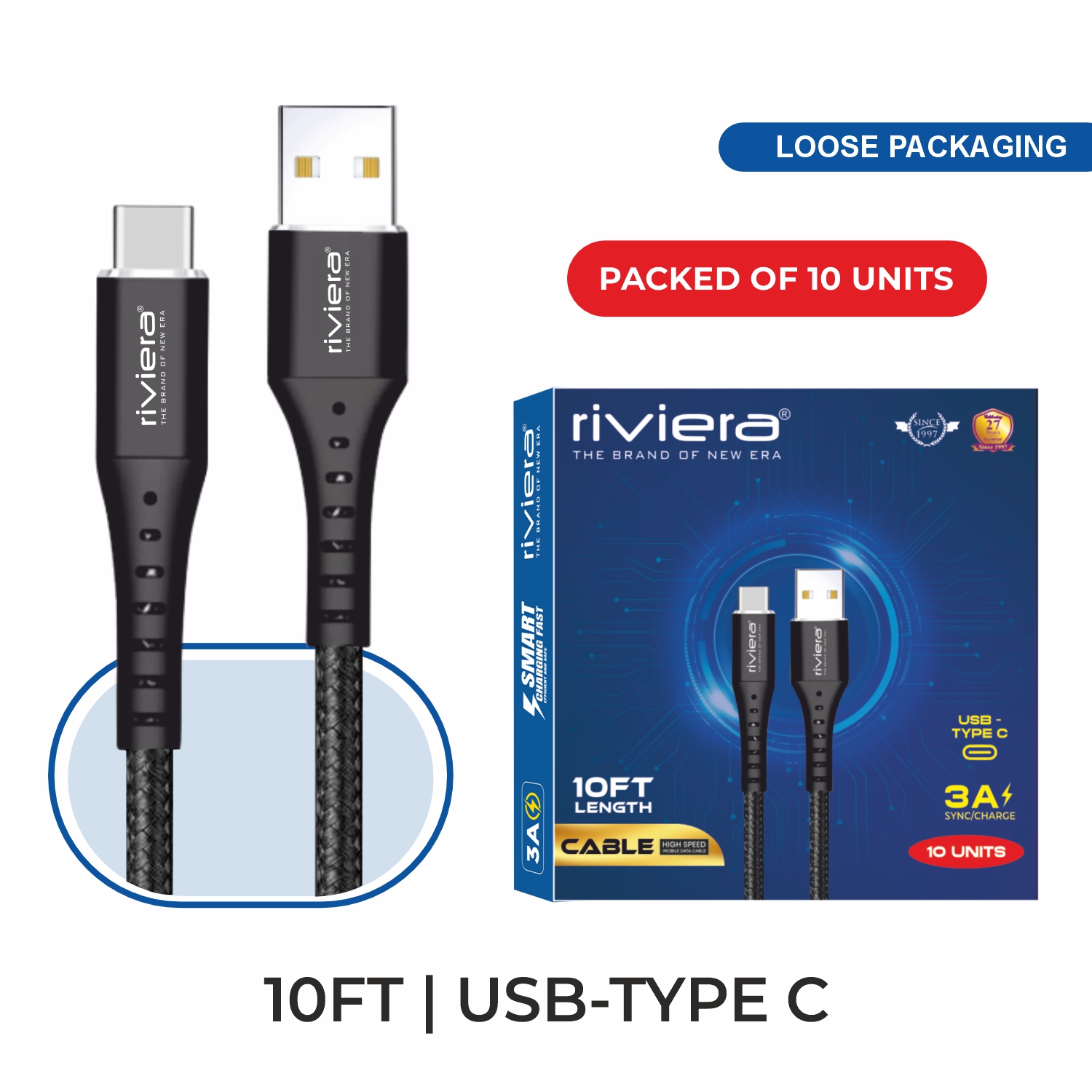 Loose (Pack of 10) Counter Box - 10FT Fast Charging Cable [USB - Type C (PD)] Nylon Braided - Black w/ Black Shell (33)